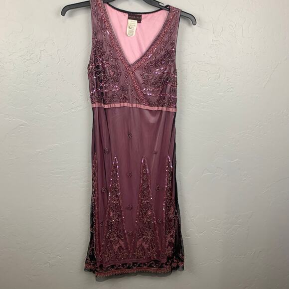 MARINA Dresses & Skirts - Y2K Marina Cocktail Midi Dress Women's Size 8 Pink Black Beaded Sheer Overlay